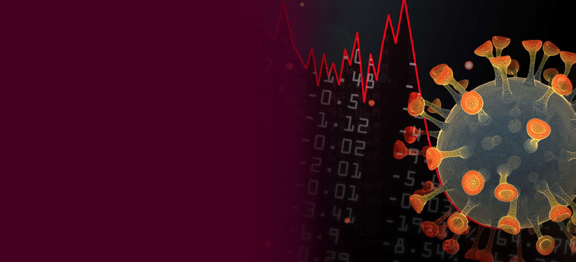 A graphic depicting the COVID-19 virus and its impact on global markets