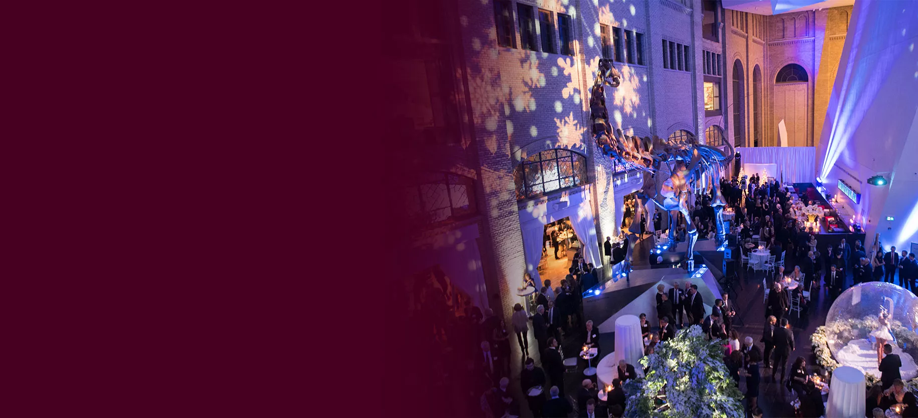 A dinosaur skeleton looms over the Burgundy Ball at the Royal Ontario Museum in Toronto