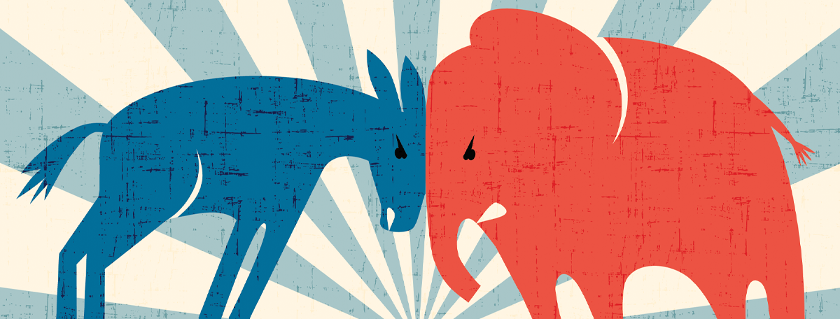 Blue donkey v. red elephant illustration