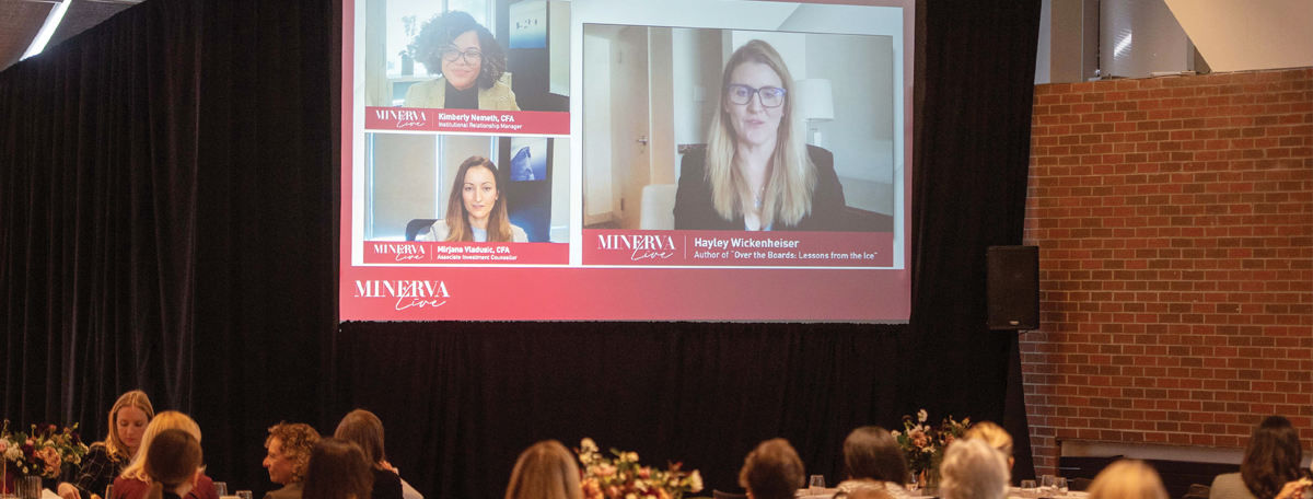 Image of Kimberly Nemeth, Mirjana Vladusic and Hayley Wickenheiser presenting virtually on a large screen