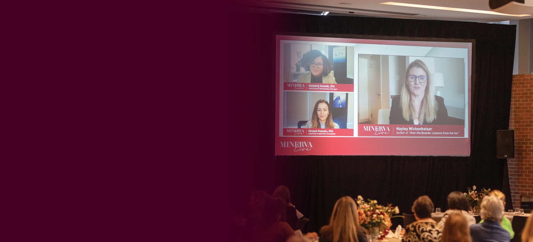 Image of Kimberly Nemeth, Mirjana Vladusic and Hayley Wickenheiser presenting virtually on a large screen
