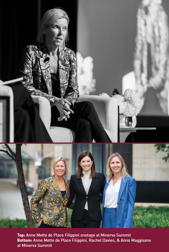 Top: Anne Mette de Place Filippini onstage at Minerva Summit Bottom: Anne Mette de Place Filippini, Rachel Davies, & Anne Maggisano at Minerva Summit