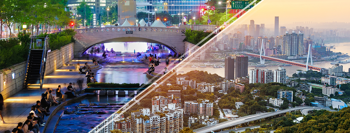 Le parc du cours d’eau de Cheonggyecheon à Séoul, en Corée La rivière Yangtze traversant Chongqing, en Chine