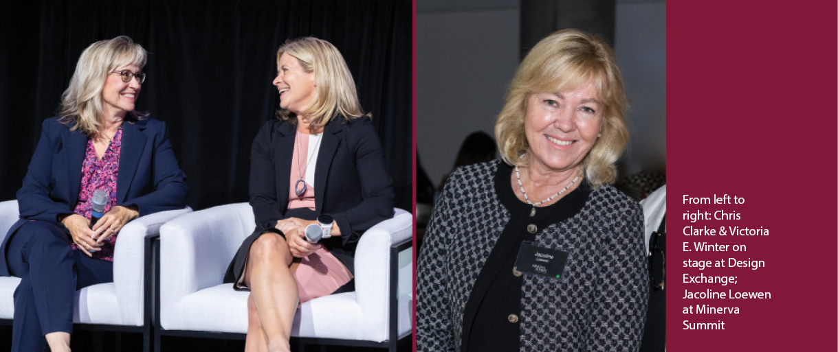 From left to right: Chris Clarke & Victoria E. Winter on stage at Design Exchange; Jacoline Loewen at Minerva Summit