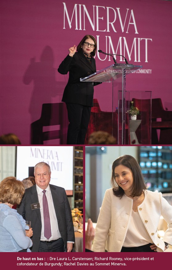 De haut en bas : Dre Laura L. Carstensen; Richard Rooney, vice-président et cofondateur de Burgundy; Rachel Davies au Sommet Minerva.