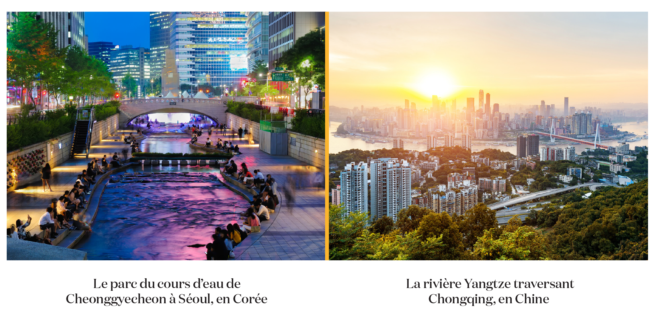 Le parc du cours d’eau de Cheonggyecheon à Séoul, en Corée La rivière Yangtze traversant Chongqing, en Chine