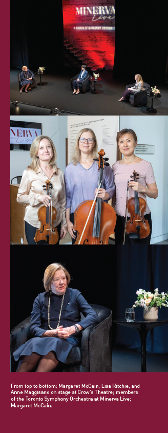 From top to bottom: Margaret McCain, Lisa Ritchie, and Anne Maggisano on stage at Crow’s Theatre; members of the Toronto Symphony Orchestra at Minerva Live; Margaret McCain.