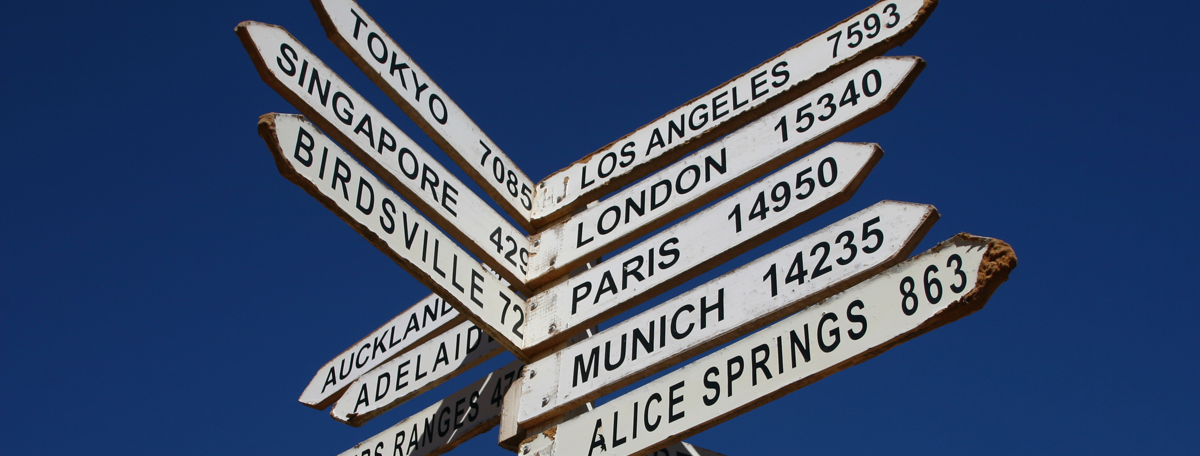 A wooden sign post pointing to countries across the world