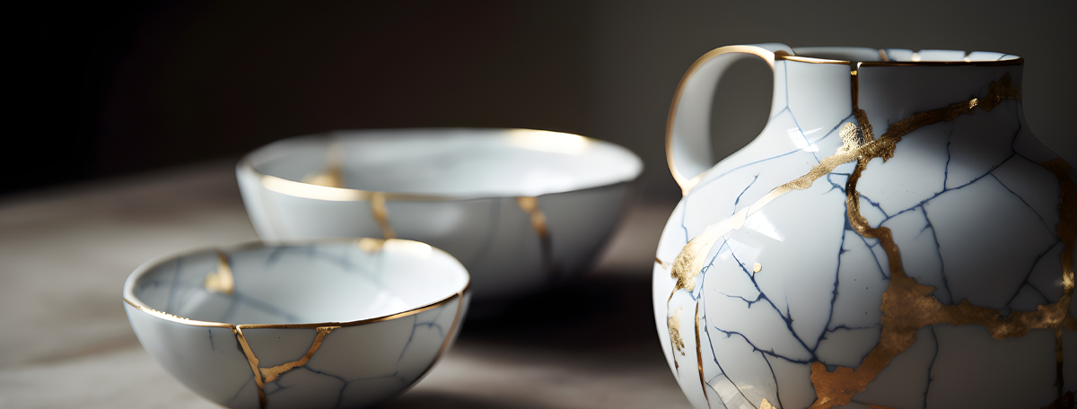 Repaired ceramics with gold cracks