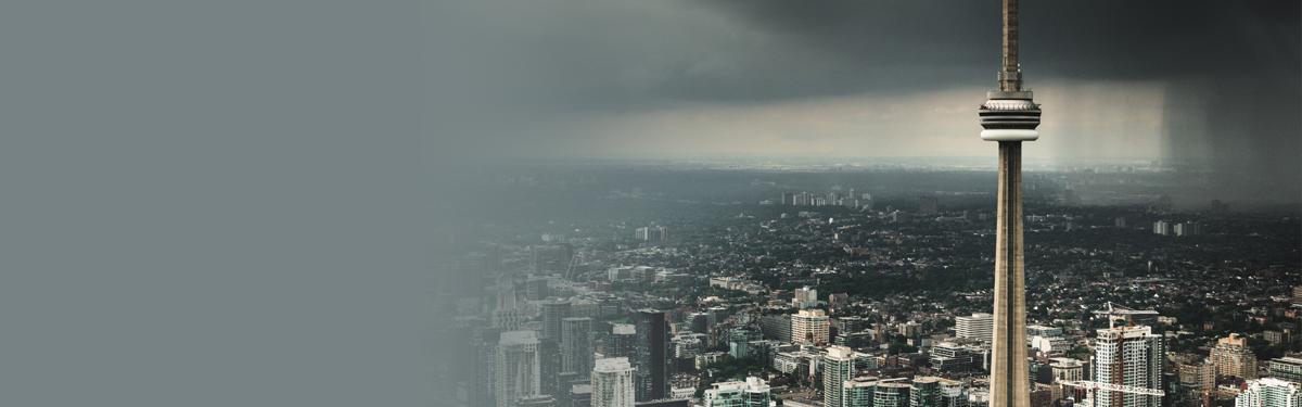 CN Tower and view of Toronto during a rainstorm