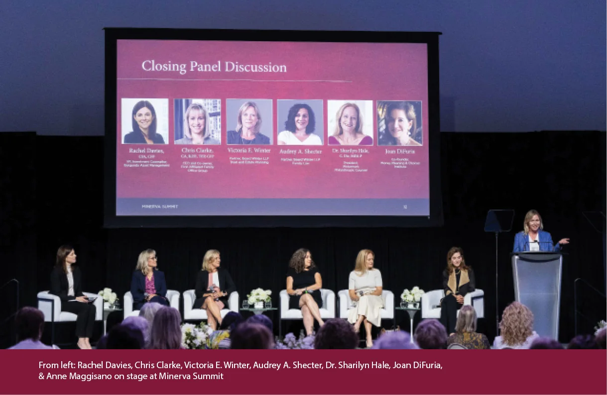From left: Rachel Davies, Chris Clarke, Victoria E. Winter, Audrey A. Shecter, Dr. Sharilyn Hale, Joan DiFuria, & Anne Maggisano on stage at Minerva Summit