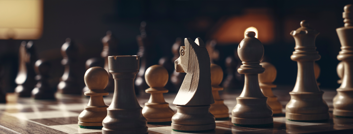 A close-up of a chess board